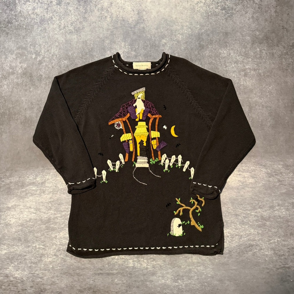 Vtg 2001 Susan Bristol Halloween Haunted House Ghost Knit Sweater Womens S Black